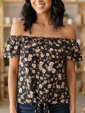 Lily Morgan Off The Shoulder Floral Ruffle Tie-Front Top - Black - Size XL